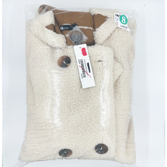 Ina Faux Shearling Suede Double Breasted Coat Jacket Cream Ivory Brown Pockets L - Picture 12 of 13